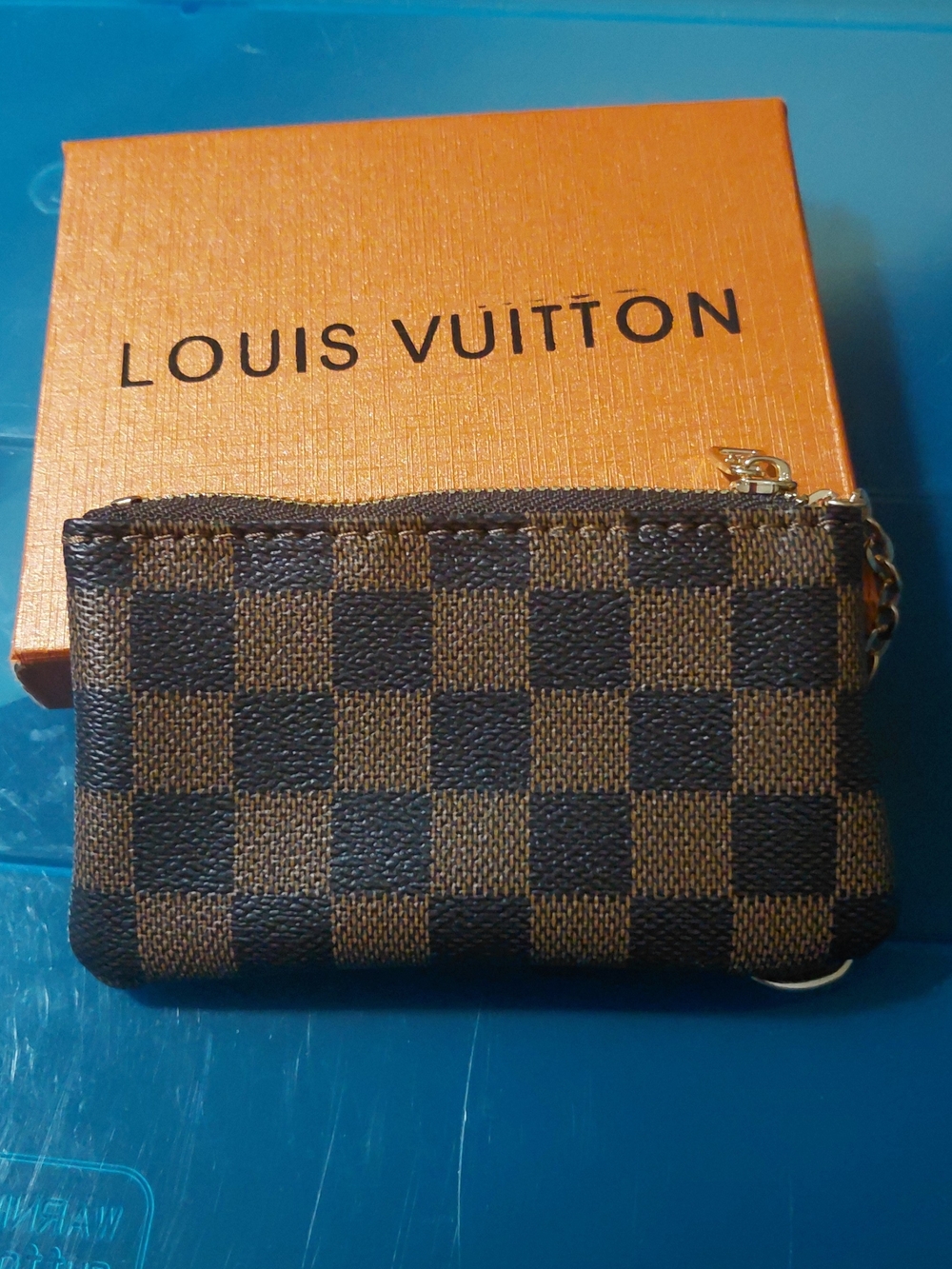 Brown Damier Coin Pouch with Gold Hardware